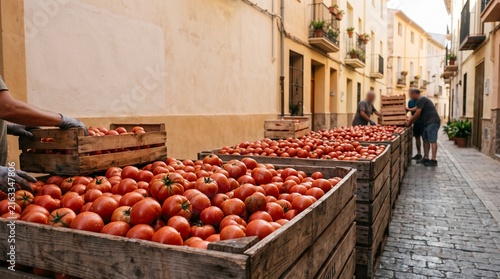 Allestimento per il festival de La Tomatina con grandi casse di legno piene di pomodori rossi maturi e addetti intenti a preparare la celebre festa di strada spagnola.