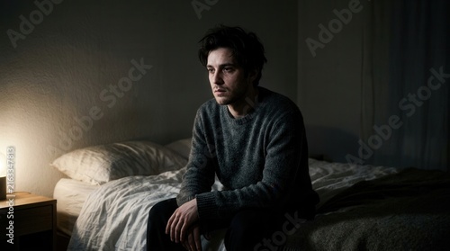 Contemplative Young Man Sitting Alone On Bed In Dimly Lit Bedroom