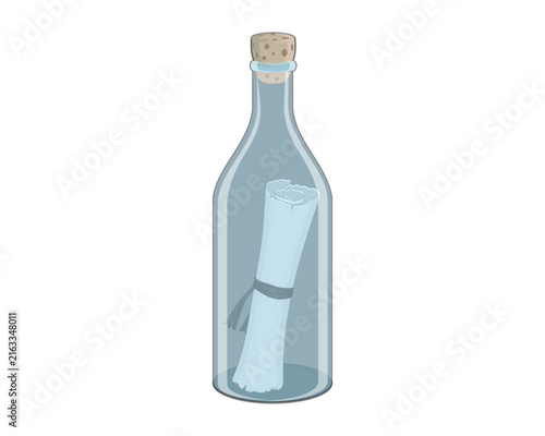 Картината върху платно This is a vector illustration of a message in a bottle, featuring a clear glass bottle with a cork stopper and a rolled-up letter inside