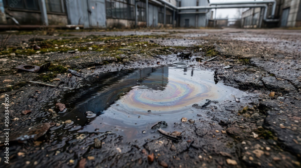 Fototapeta premium Close-up oil slick in a puddle with rainbow sheen on cracked asphalt near an industrial plant for pollution hazard background and environmental awareness design
