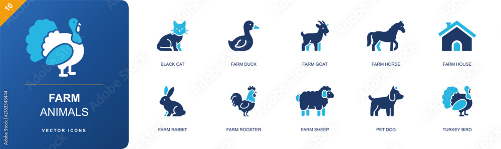 Obraz premium Farm animals icon set. Containing domestic black cat, farm duck, farm goat, farm horse, farmhouse, farm rabbit, farm rooster, farm sheep, pet dog and more. Solid fill vector icons.