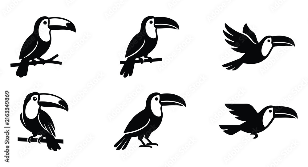 Naklejka premium Toucan silhouettes showcase a simple black vector design on a white background