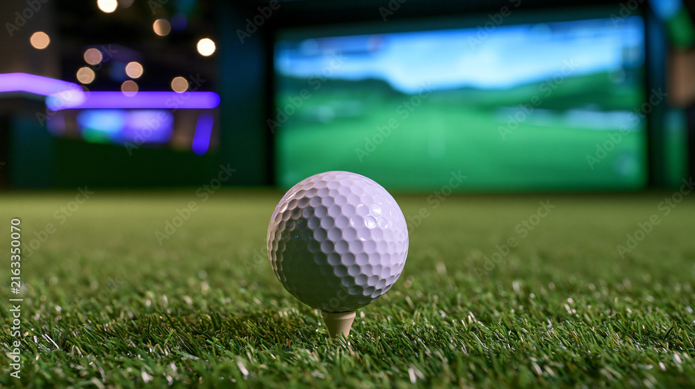Fototapeta premium Golf ball on a tee inside a high-tech indoor simulator with green screen. Concept for sports training and leisure activities.
