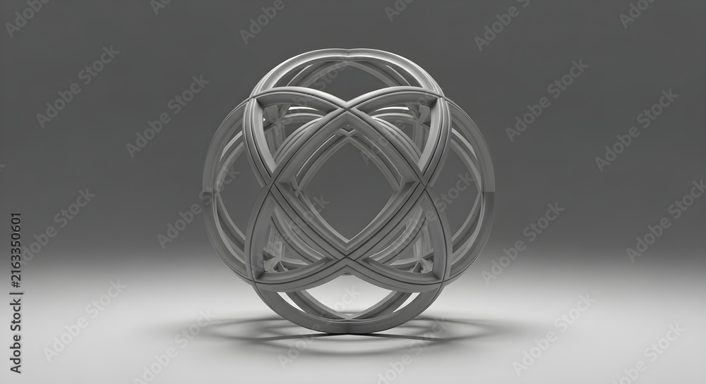 Obraz premium Abstract silver sphere featuring complex geometric interconnected structural rings in a minimalist studio setting