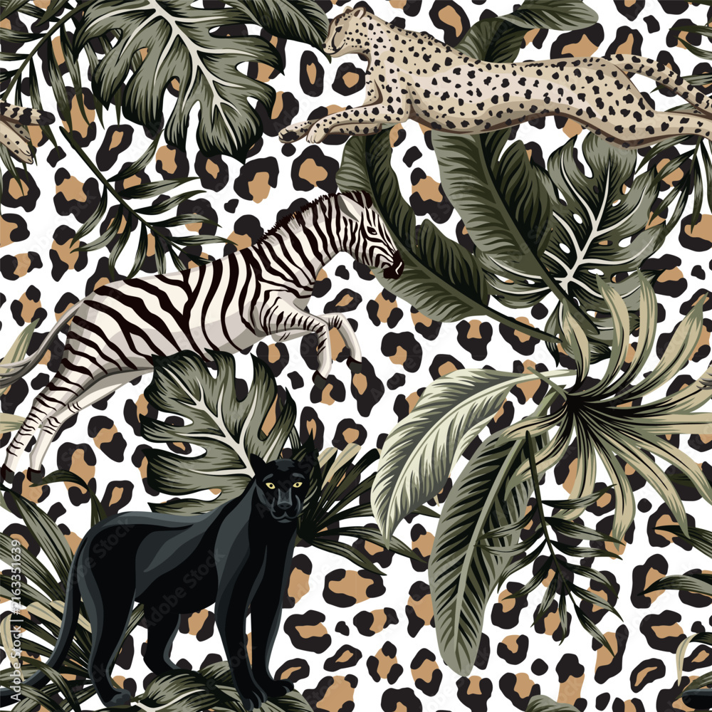 Naklejka premium Vintage tropical floral leaves , hibiscus flower, black panther, zebra, cheetah running wildlife animal floral seamless pattern leopard background. Exotic safari wallpaper.