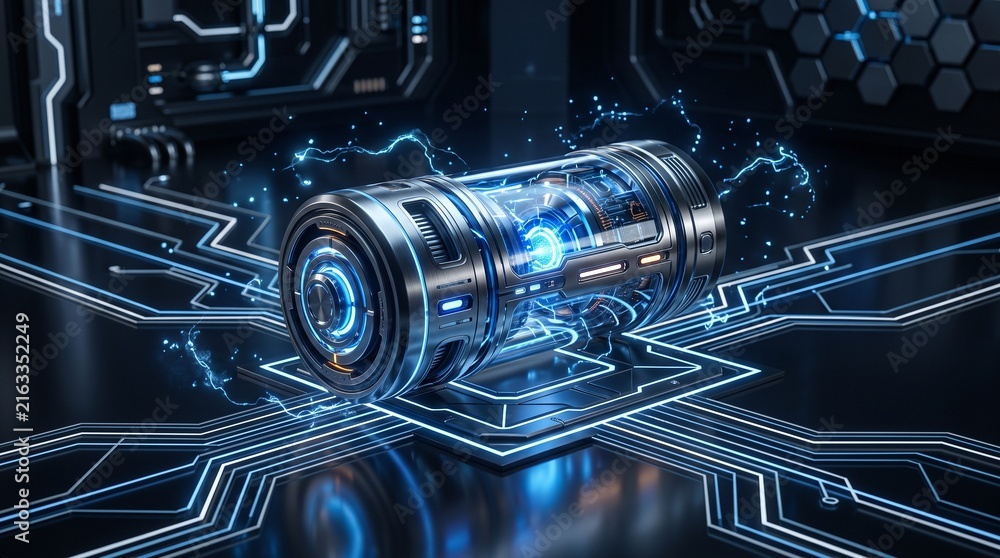 Fototapeta premium scifi reactor futuristic battery energy cell power core plasma cylinder quantum battery cyberpunk device high tech gadget sci fi prop futuristic tech energy core fusion reactor