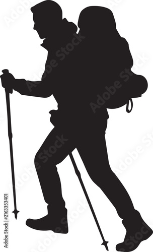 Male hiker silhouette with heavy backpack and walking sticks trekking on snowy white terrain.