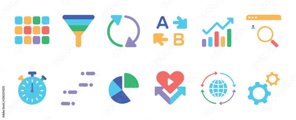 Fototapeta premium Analytics and Data Icons: A collection of flat design icons representing various data analysis and business metrics, including a funnel, chart, stopwatch, and globe.