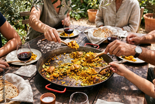 Family sharing authentic Spanish Paella Valenciana with wooden spoons directly from pan at rustic garden table