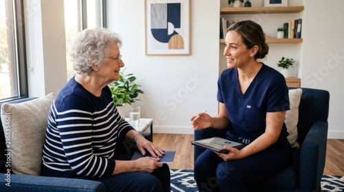 Caring Nurse Consults With Elderly Patient Discussing Health