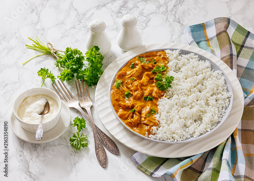 Murgh makhani of chicken breast fillet with rice