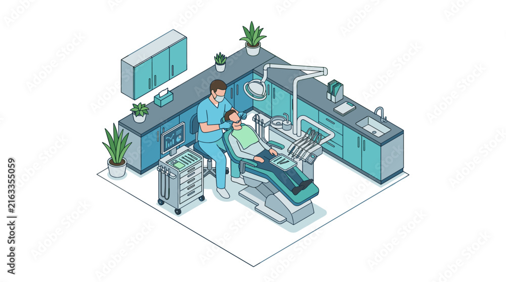 Fototapeta premium Dentist examining patient in modern dental clinic isometric illustration