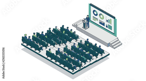 Business presentation in a conference room with audience watching a speaker on stage