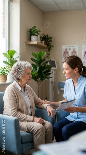 Caring Nurse Consults With Elderly Patient In Well Lit Clinic Room