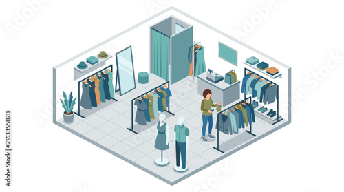 Isometric view of a clothing store interior with racks of apparel and a customer at the counter
