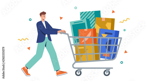 Man pushing shopping cart full of colorful boxes and packages