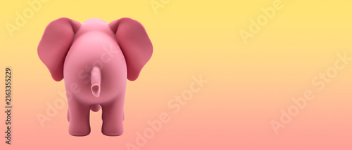 Piccolo elefante giocattolo visto da dietro in morbida plastica di colore rosa su uno sfondo giallo rosa vuoto con spazio per testi