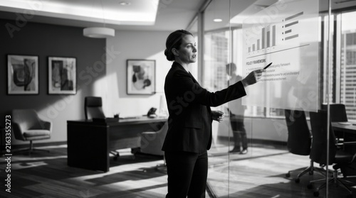 Businesswoman Presents Data And Strategy On Glass Whiteboard