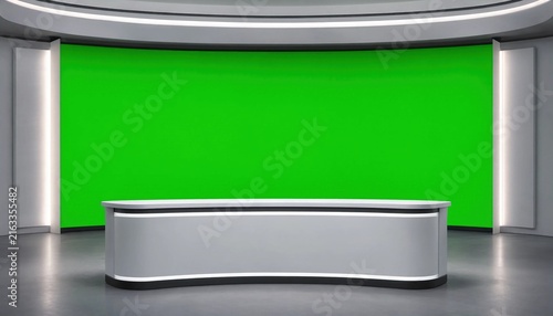 Modern virtual news studio set with a large green screen background for professional broadcast and video production projects