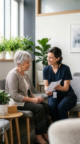 Caring Nurse Discusses Health With Senior Patient In Modern Clinic Waiting Room