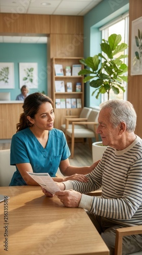 Caring Nurse Discusses Medical Information With Elderly Patient In Clinic Waiting Room