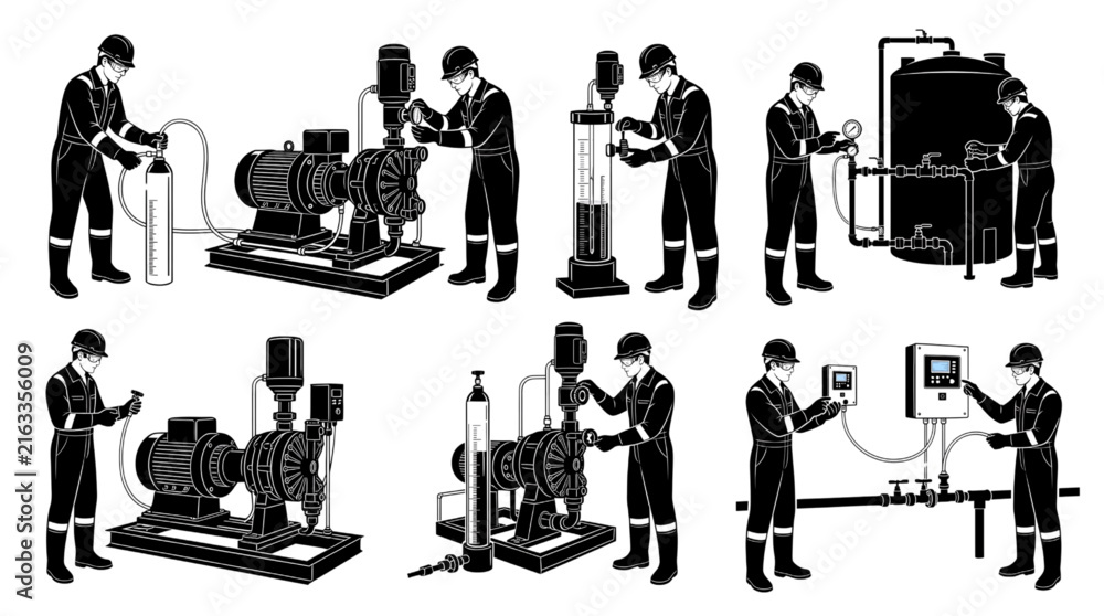 Fototapeta premium Industrial Water Treatment Chemical Dosing Pump Calibration Technicians