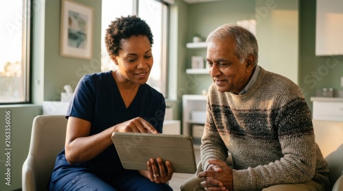 Caregiver And Senior Man Discussing Results On Tablet