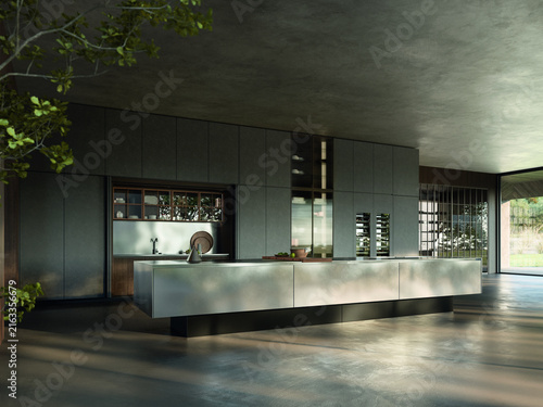 Fotografía Luxury modern kitchen interior with large stainless steel island