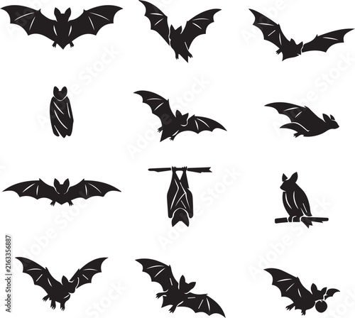 Bat Silhouette Collection with Flying and Perched Bats