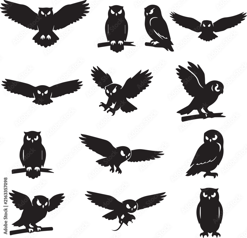 Naklejka premium Black Owl Silhouette Set Flying and Perched Vector Poses