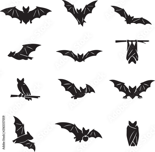 Bat Silhouette Collection with Flying and Perched Bats
