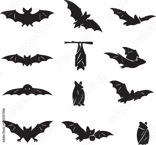 Bat Silhouette Collection with Flying and Perched Bats