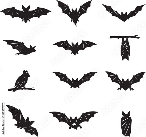Bat Silhouette Collection with Flying and Perched Bats