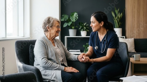 Caring Nurse Holds Hand Of Elderly Woman Offering Comfort And Support