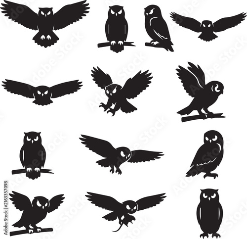 Black Owl Silhouette Set Flying and Perched Vector Poses