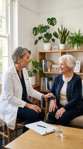 Caring Doctor Discussing Health With Elderly Patient In Comfortable Home Setting