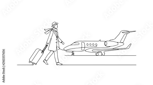 VIP airport service and luxury travel concept. Continuous line art of man walking to private jet with suitcase. Minimalist vector illustration