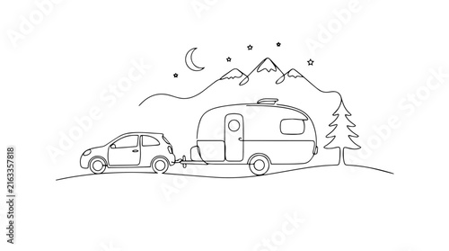 Caravan road trip and camping concept. Continuous line art illustration of a car towing a camper trailer in the mountains. Minimalist travel vector