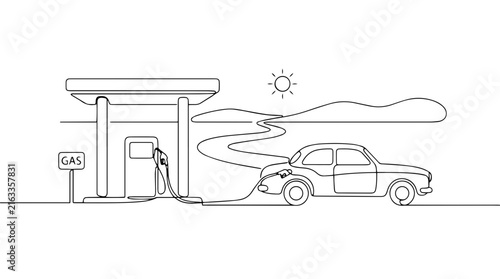Gas station stop during road trip. Continuous line art illustration of a vintage car refueling. Minimalist travel and transport vector