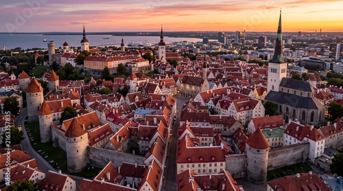 Old town tallinn cityscape with sunset sky over ancient walls.