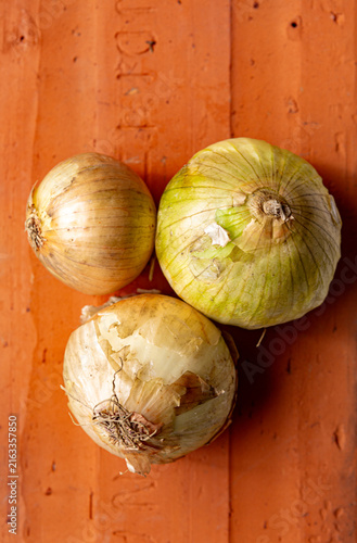 Fresh whole unpeeled onions with papery brown skins. Perfect rustic ingredient photo for culinary designs, food blogs, or cooking concepts.