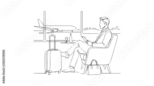 Businessman in airport lounge continuous line art. Minimalist single line vector illustration of business class travel concept. Executive flight waiting graphic design