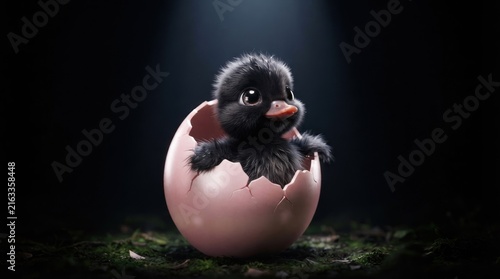 Black duckling hatching from a pink egg shell.