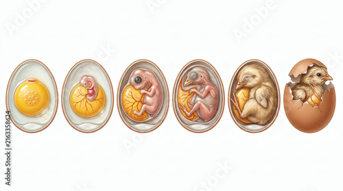 A diagram illustrating the embryonic development of a chick within an egg, from fertilization to hatching