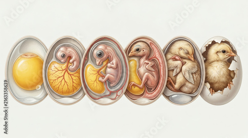 The development stages of a chick inside an egg, from embryo to hatching