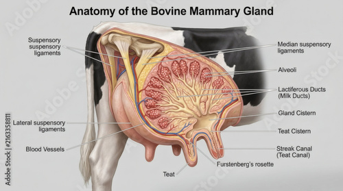 Anatomy of the bovine mammary gland diagram with labels