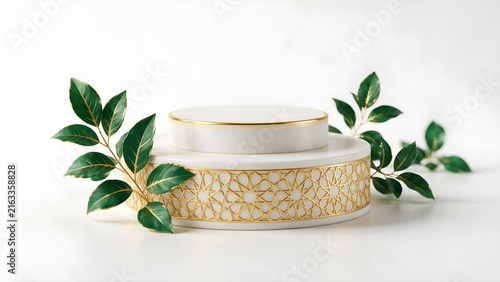 Luxury White and Gold Islamic Podium with Arabesque Geometric Pattern and Green Leaves for Product Display Mockup Isolated on White Background