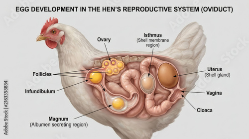 Diagram showing the reproductive system of a hen, detailing the oviduct and egg development process