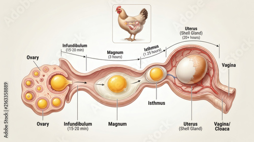 Diagram illustrating the reproductive system of a hen and the formation of an egg