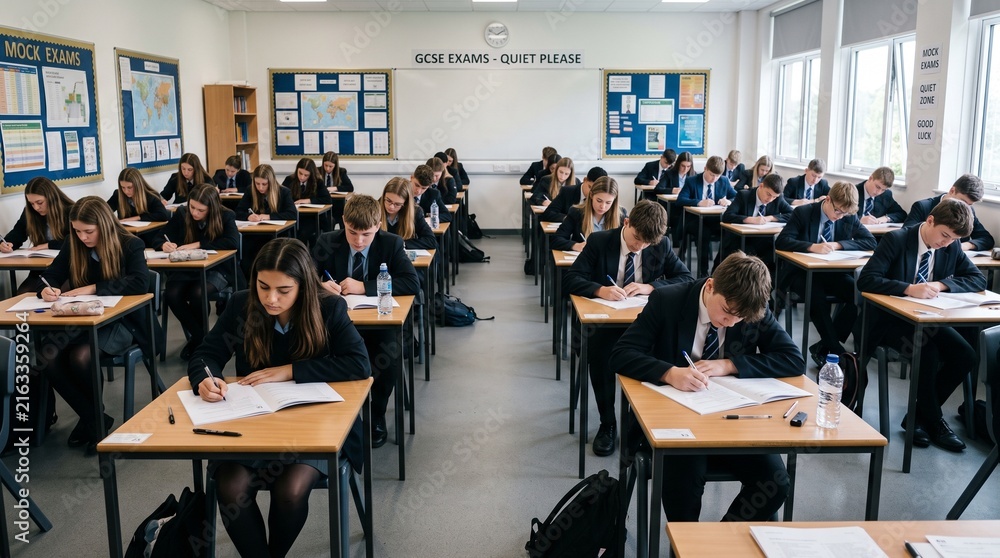 Fototapeta premium Students in school uniform taking a formal gcse exam in a quiet classroom setting